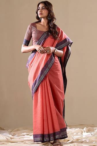 Peach plain cotton cotton-sarees saree with blouse