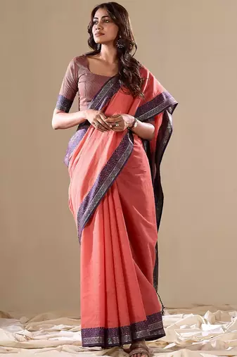 Peach plain cotton cotton-sarees saree with blouse