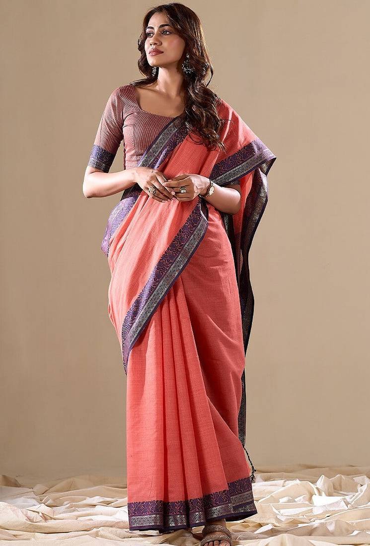 Peach plain cotton cotton-sarees saree with blouse