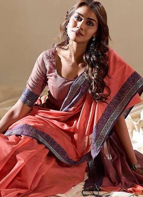Peach plain cotton cotton-sarees saree with blouse 2