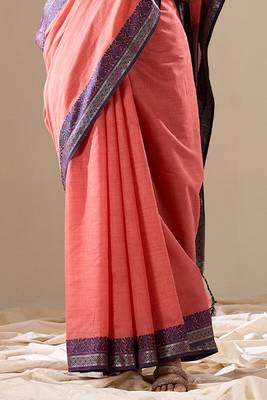 Peach plain cotton cotton-sarees saree with blouse 4
