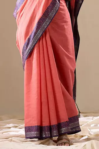 Peach plain cotton cotton-sarees saree with blouse