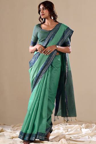 Green plain cotton cotton-sarees saree with blouse