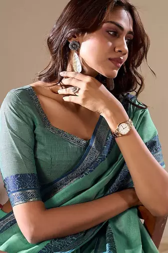 Green plain cotton cotton-sarees saree with blouse