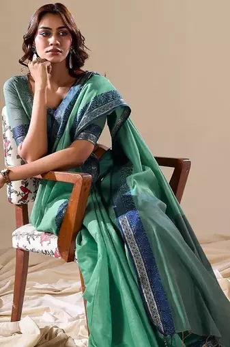 Green plain cotton cotton-sarees saree with blouse