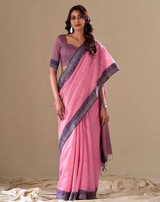 Pink plain cotton cotton-sarees saree with blouse 1