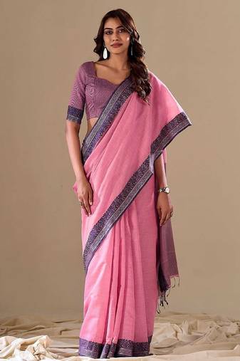 Pink plain cotton cotton-sarees saree with blouse