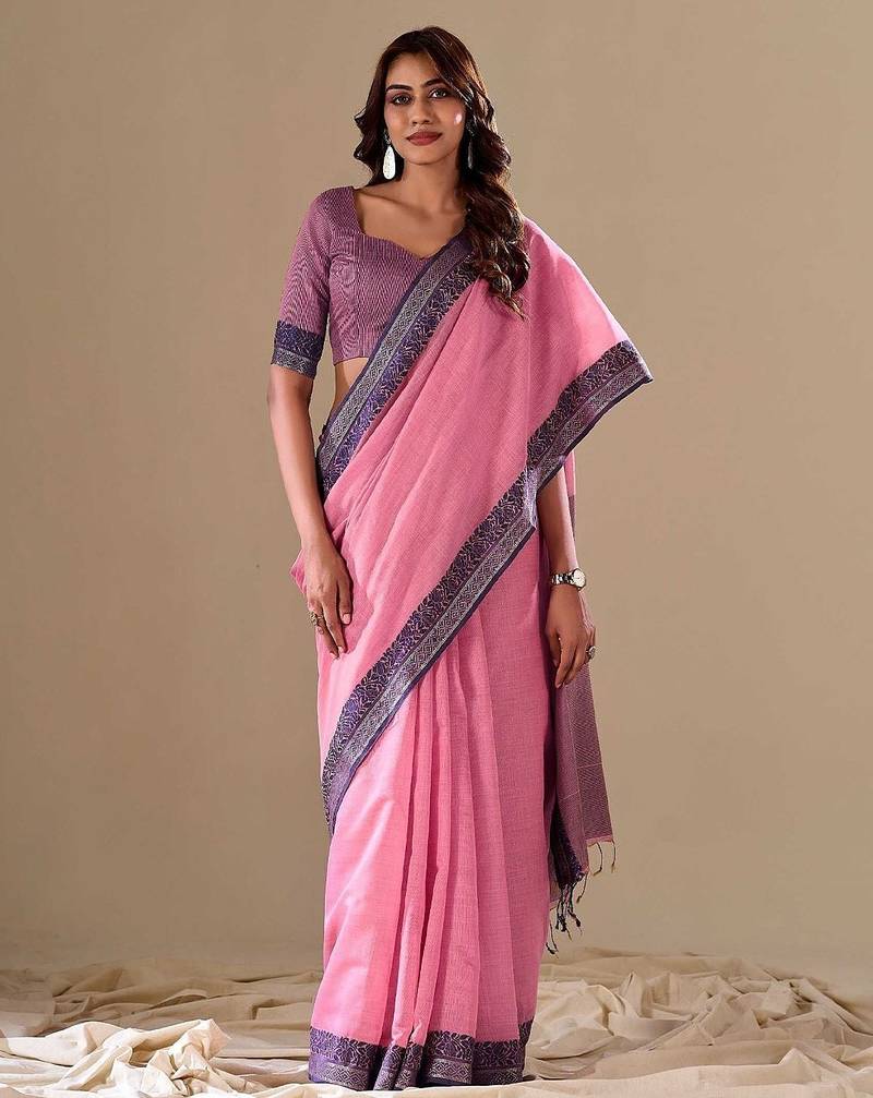 Pink plain cotton cotton-sarees saree with blouse