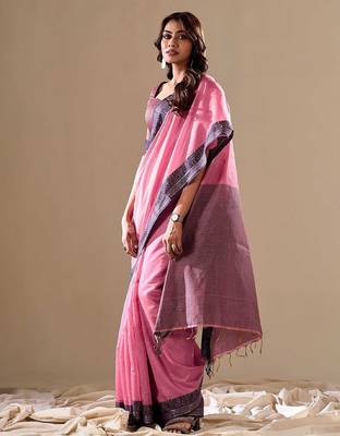Pink plain cotton cotton-sarees saree with blouse 2