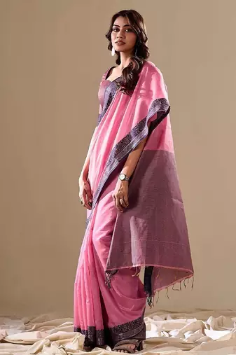 Pink plain cotton cotton-sarees saree with blouse