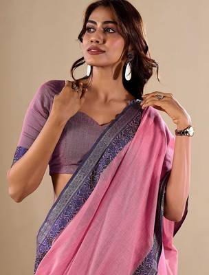 Pink plain cotton cotton-sarees saree with blouse 4