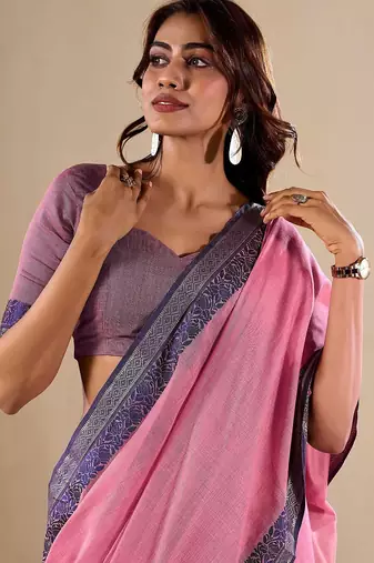 Pink plain cotton cotton-sarees saree with blouse