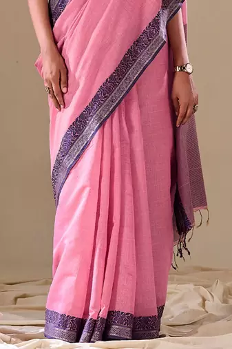 Pink plain cotton cotton-sarees saree with blouse