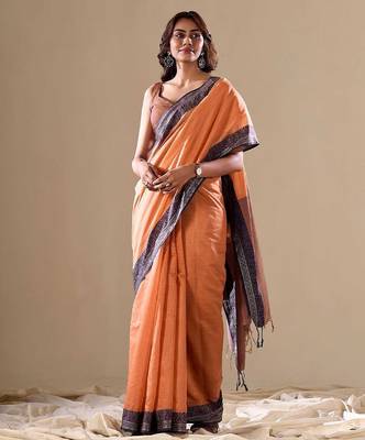 Orange plain cotton cotton-sarees saree with blouse 1
