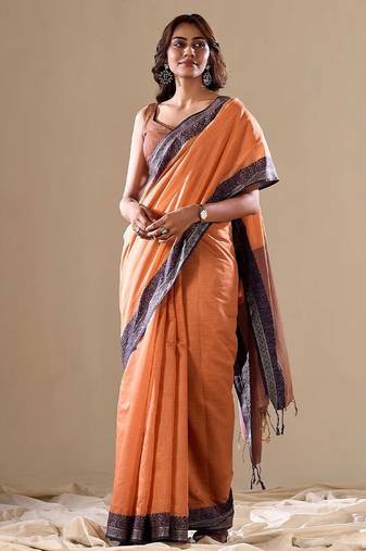 Orange plain cotton cotton-sarees saree with blouse