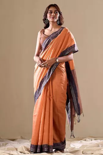 Orange plain cotton cotton-sarees saree with blouse