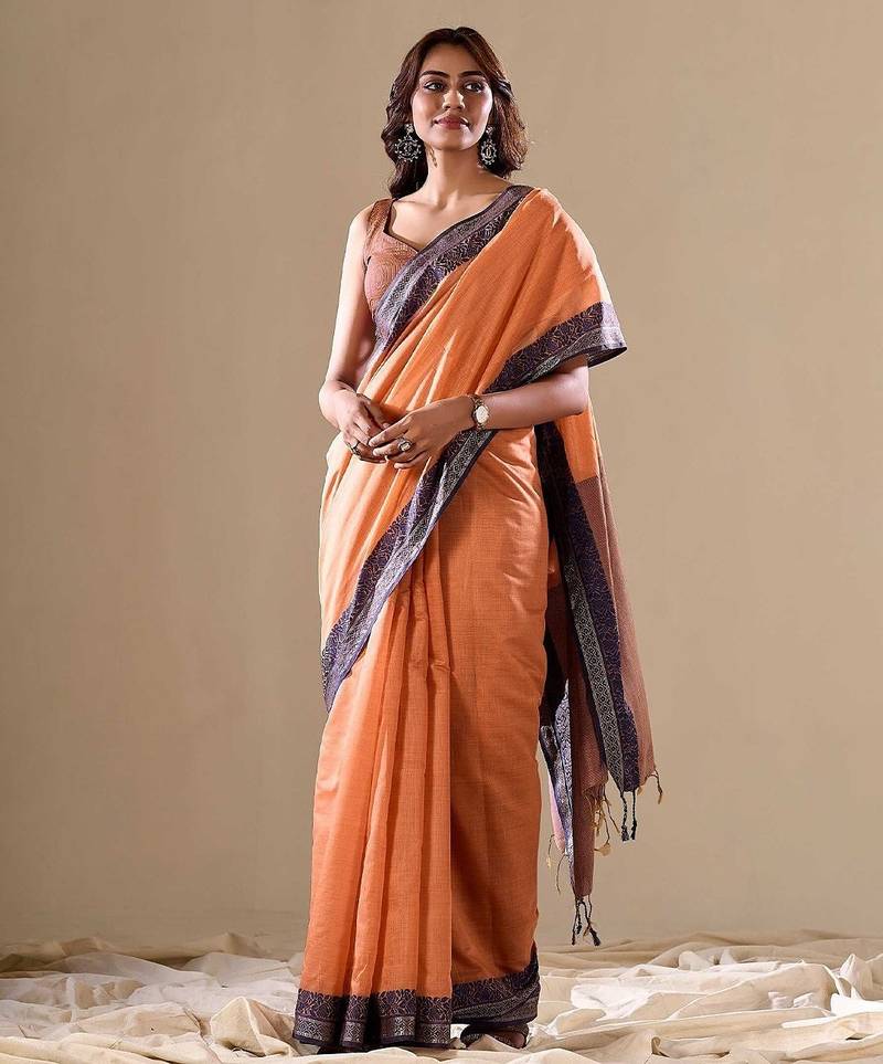 Orange plain cotton cotton-sarees saree with blouse