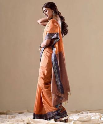 Orange plain cotton cotton-sarees saree with blouse 2