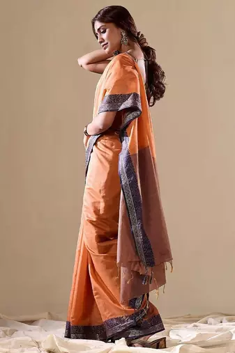 Orange plain cotton cotton-sarees saree with blouse