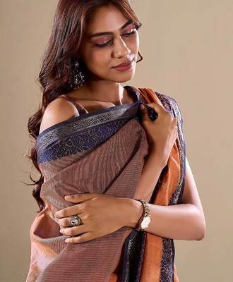 Orange plain cotton cotton-sarees saree with blouse 3