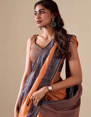 Orange plain cotton cotton-sarees saree with blouse 5