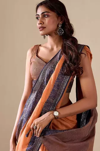 Orange plain cotton cotton-sarees saree with blouse