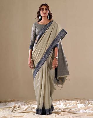 Grey plain cotton cotton-sarees saree with blouse 1