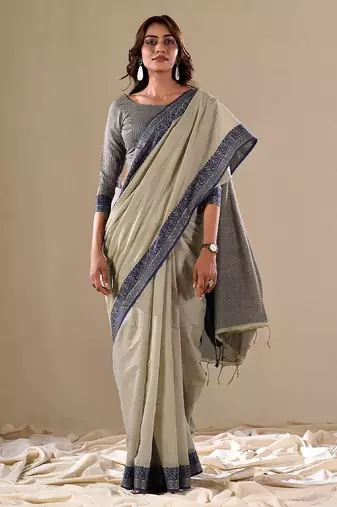 Grey plain cotton cotton-sarees saree with blouse