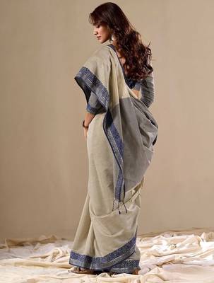 Grey plain cotton cotton-sarees saree with blouse 2