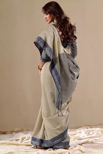 Grey plain cotton cotton-sarees saree with blouse