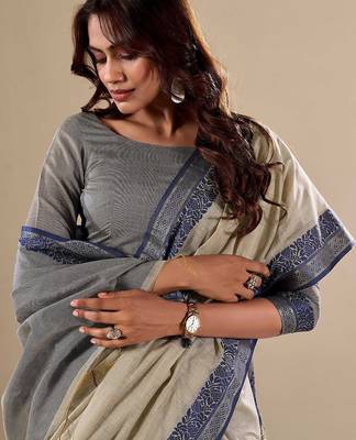 Grey plain cotton cotton-sarees saree with blouse 3