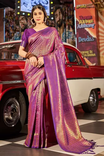 purple plain silk silk-sarees saree with blouse