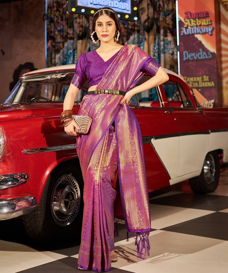 purple plain silk silk-sarees saree with blouse