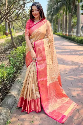 cream plain silk silk-sarees saree with blouse