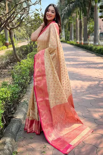cream plain silk silk-sarees saree with blouse