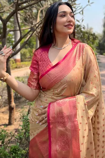 cream plain silk silk-sarees saree with blouse