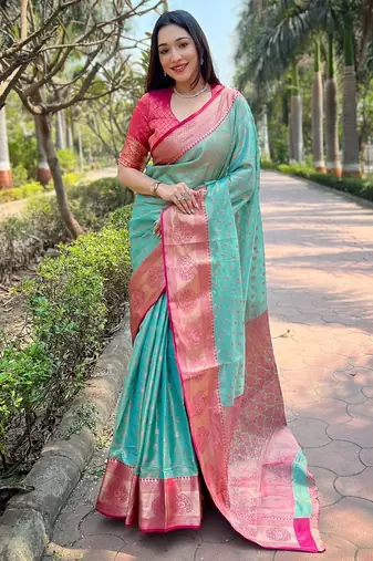 blue plain silk silk-sarees saree with blouse