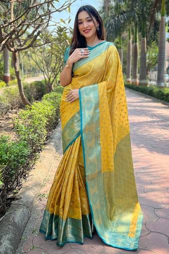yellow plain silk silk-sarees saree with blouse