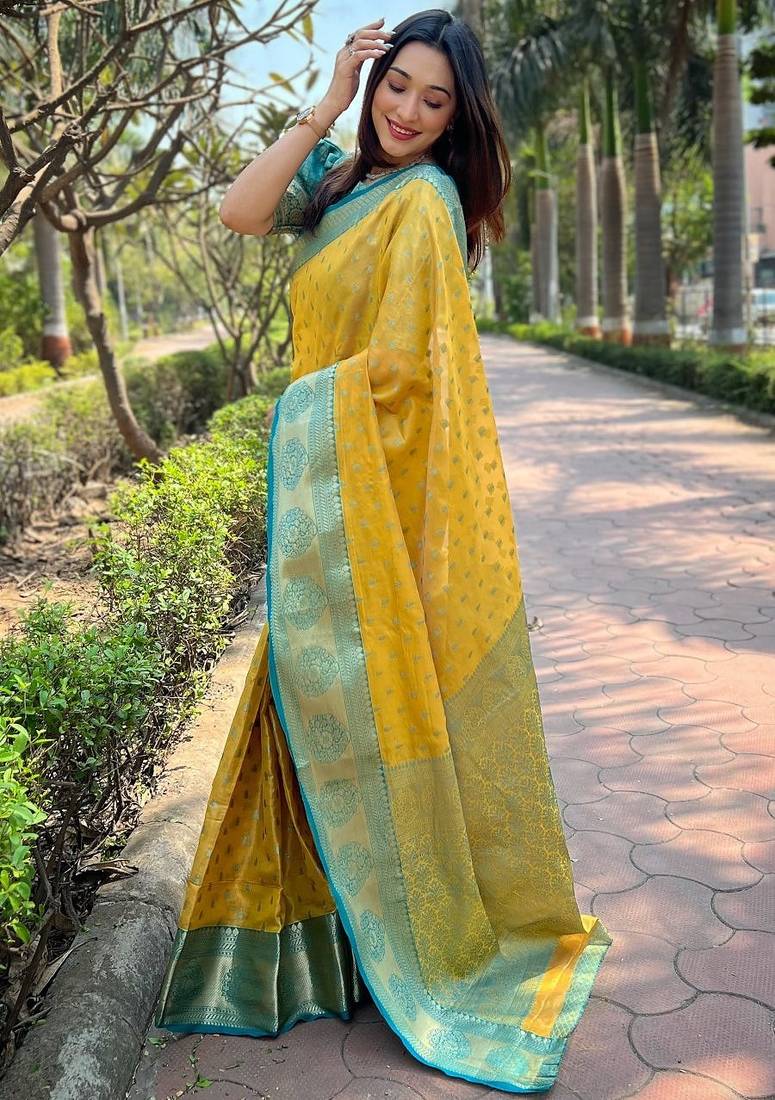 yellow plain silk silk-sarees saree with blouse