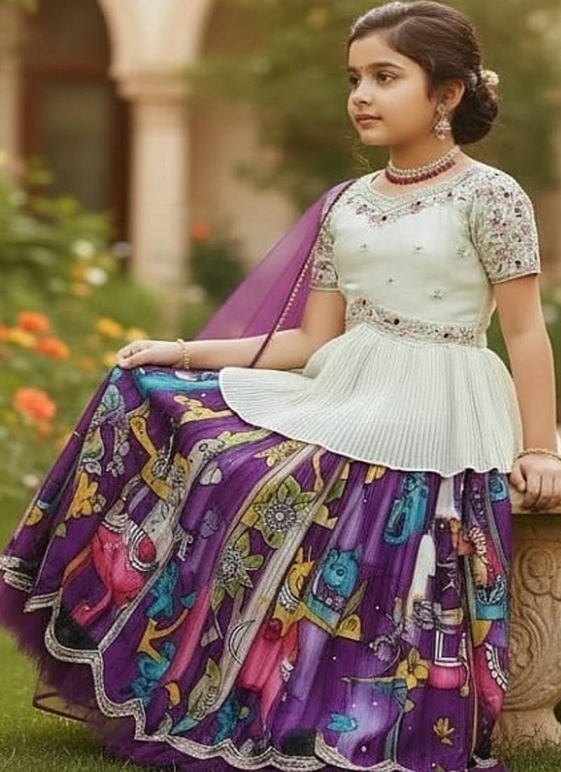 New Designer Kediya Style Chinon Silk Embroidery Work White Readymade Lehenga Choli