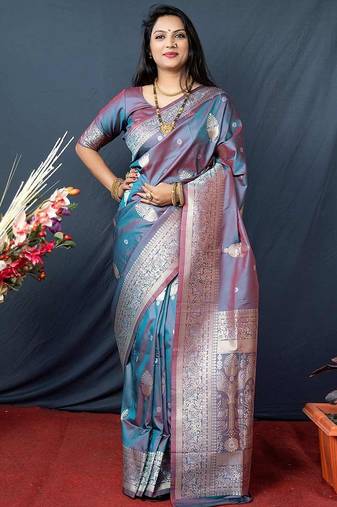 grey plain silk_blend silk-blend-sarees saree with blouse