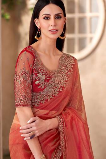 Golden tissue designer embroidered saree with blouse