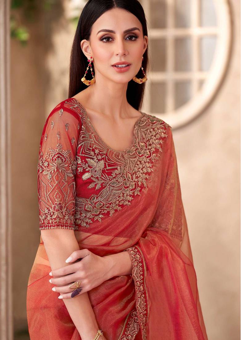 Golden tissue designer embroidered saree with blouse