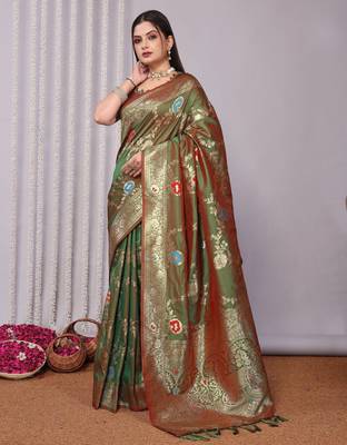 green plain silk_blend silk-blend-sarees saree with blouse 1