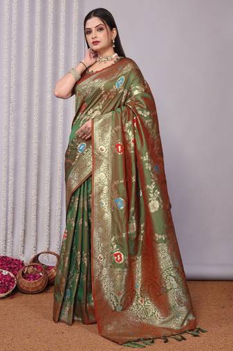 green plain silk_blend silk-blend-sarees saree with blouse