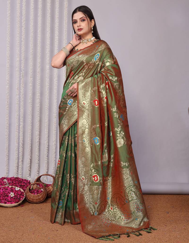 green plain silk_blend silk-blend-sarees saree with blouse