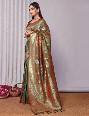 green plain silk_blend silk-blend-sarees saree with blouse 2