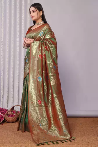 green plain silk_blend silk-blend-sarees saree with blouse