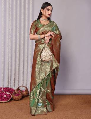 green plain silk_blend silk-blend-sarees saree with blouse 3