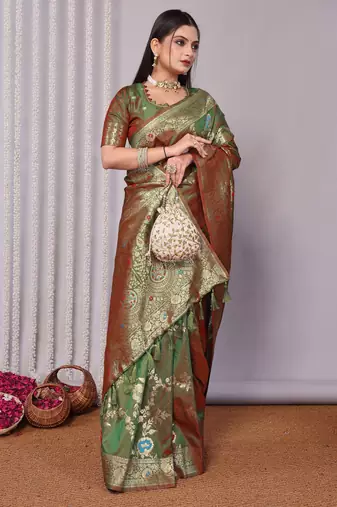 green plain silk_blend silk-blend-sarees saree with blouse